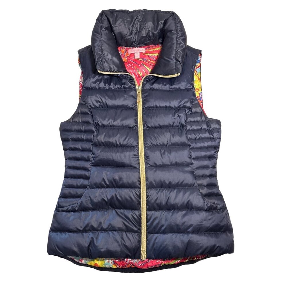 Lilly Pulitzer Vest Womens Med Down Filled Puffer Vest Navy Blue Zip Front
